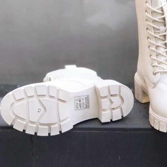 NEW Laced Up Lug Sole Zipper Back Faux Leather Combat Boots Booties Stone Ivory - Picture 7 of 10
